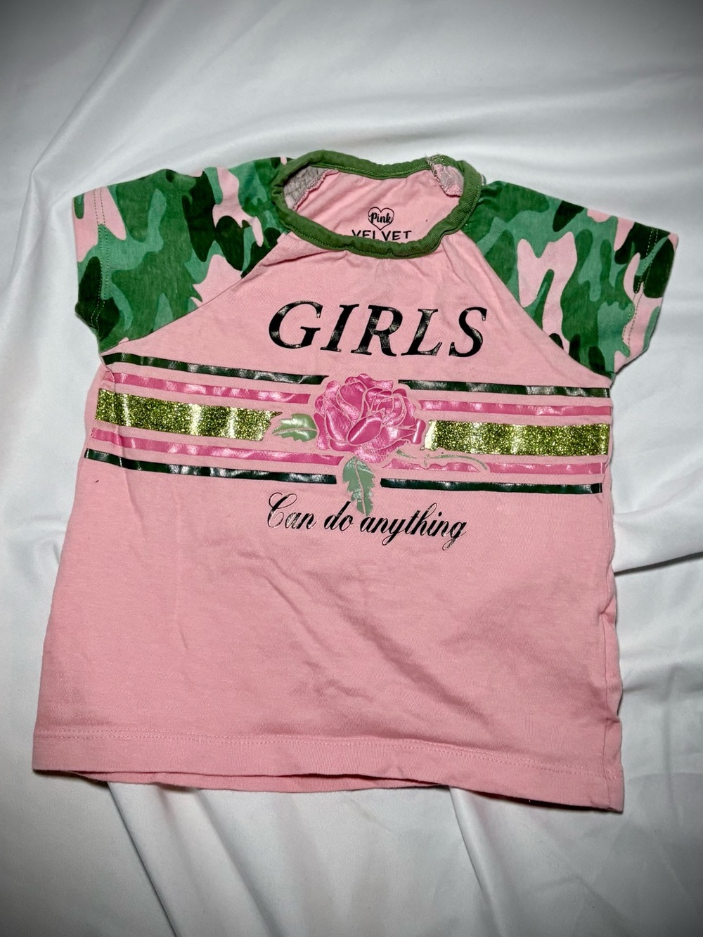 Velvet Pink Tee with Green Camo Sleeves and Glitter Rose